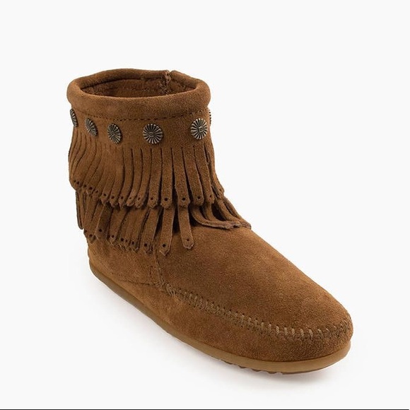 Minnetonka Double Fringe Suede Moccasin Booties - Picture 2 of 12